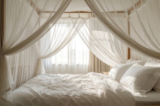 White bed with mosquito net in bright bedroom. Airy canopy covers cozy bed with soft pillows, linens. Sunlight shines through window in luxury hotel room tropical villa. Comfortable interior design