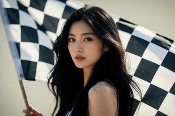 Fototapeta premium Young asian woman holds checkered flag. She is near race track or finish line. Outdoors setting, daytime, bright light. Motorsport or competition theme.