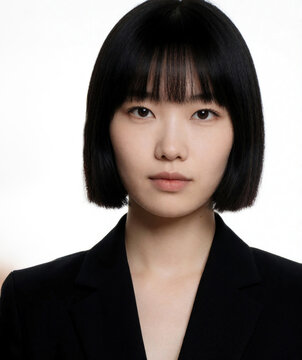 Young Asian businesswoman in black suit looks at camera. Pro woman with short hair bob cut poses for portrait. Holds blank white ID card for identity verification, corporate badge, employee access