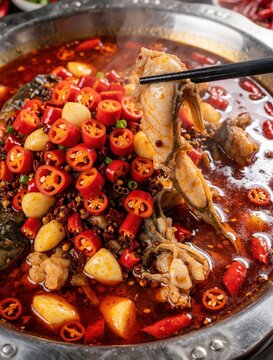 Chopsticks lift cooked bullfrog from spicy red chili soup. Hot meal features sliced red peppers and garlic cloves in savory broth. Traditional Chinese cuisine served in metal pot for delicious dinner.