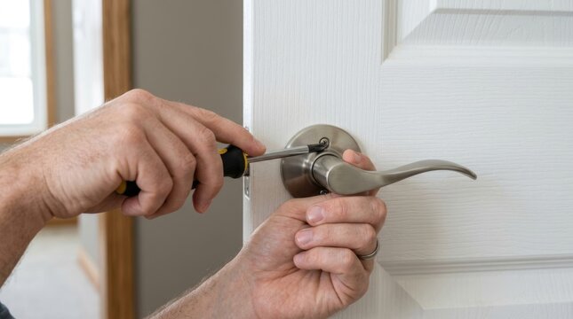 Close Up of Hands Installing Modern Metal Door Handle with Screwdriver During Home Repair