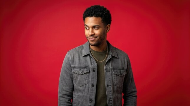 Confident Young Black Man in Casual Denim Jacket Posing Against Vibrant Red Studio Background