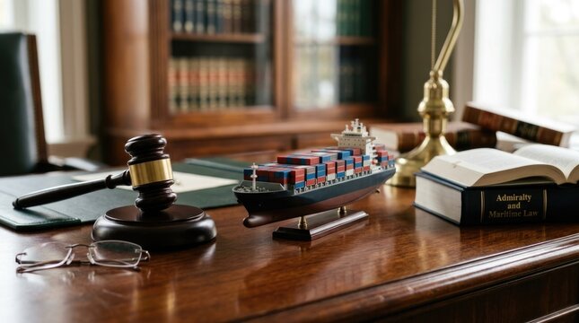 Maritime Law Concept With Judge Gavel Cargo Ship Model and Legal Books in Professional Office