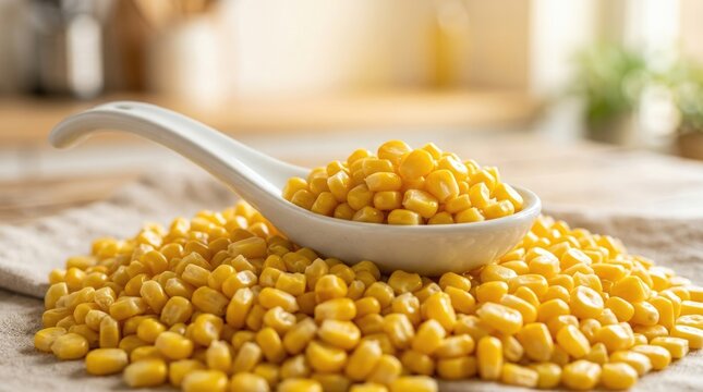Close Up of Sweet Yellow Corn Kernels in Ceramic Spoon on Rustic Kitchen Table