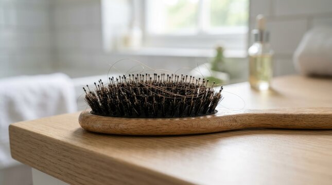 Wooden Hairbrush with Shed Hair on Bristles in Bright Bathroom Interior