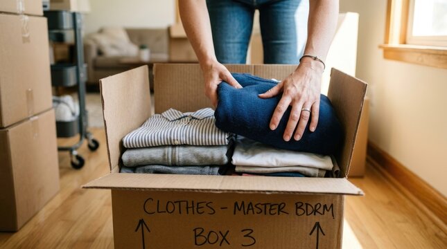 Person Packing Folded Clothes into Cardboard Moving Box in New Home