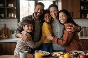 Obraz premium Happy black family of four hugs in home kitchen. Smiling father, mother, son, daughter enjoy breakfast together. Joyful parents embrace children near table with food, orange juice, fruit. Loving