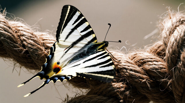 Scarce Swallowtail butterfly rests on thick weathered rope outdoors in bright sunlight. Insect shows detailed wings and antennae on natural twine surface.