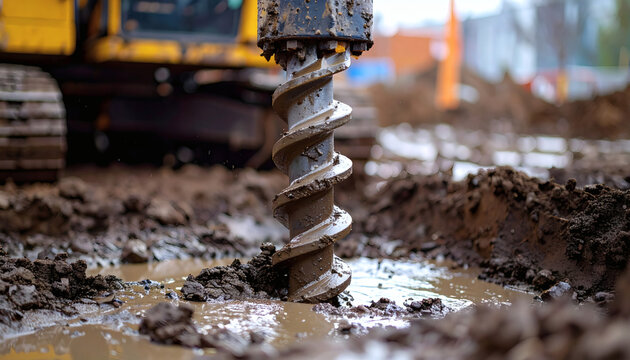 Industrial earth auger drilling into deep wet mud at a construction site with heavy yellow machinery in the background