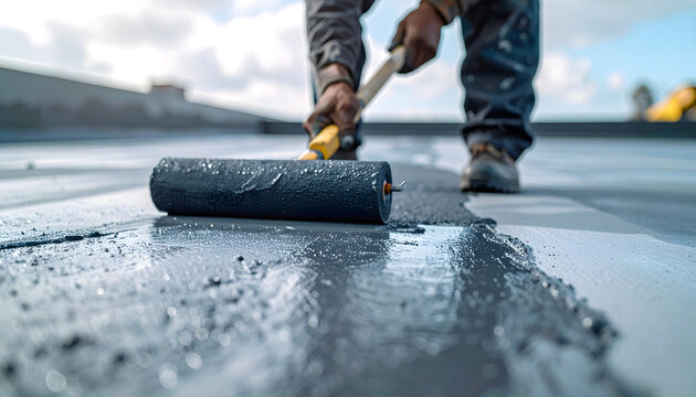 Roofer applying black waterproof bitumen coating with a paint roller on a flat roof construction site during the day