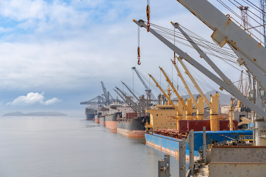 Row of large cargo vessels and bulk carriers docked alongside a busy port quay with industrial crane boom arms and calm coastal waters stretching towards the foggy distant horizon