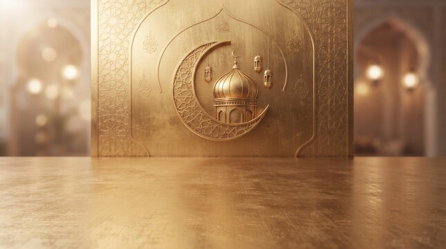 A golden Islamic ornament with crescent moon and dome, with blurred background