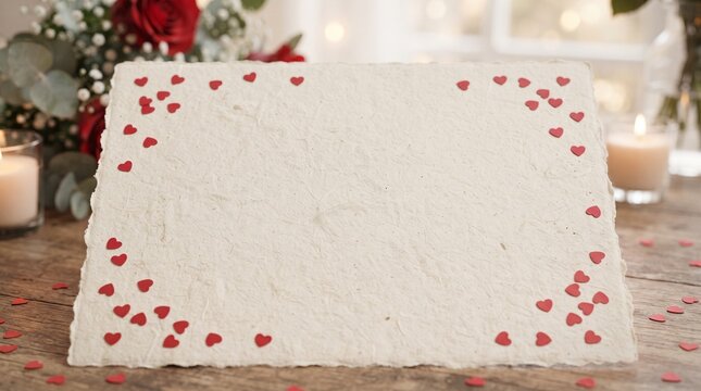 A blank card adorned with tiny red hearts, set on a rustic table with roses and lit candles in the background. This creates a romantic and heartfelt ambiance for any occasion.