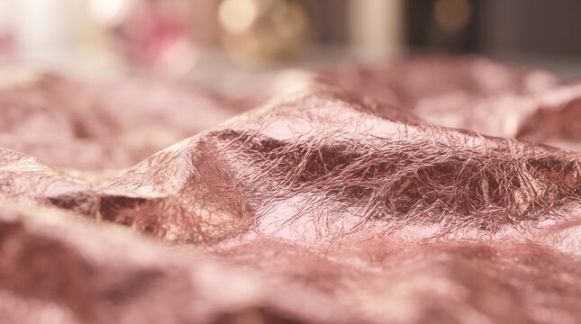 Close-up texture of crumpled rose gold foil with soft focus background