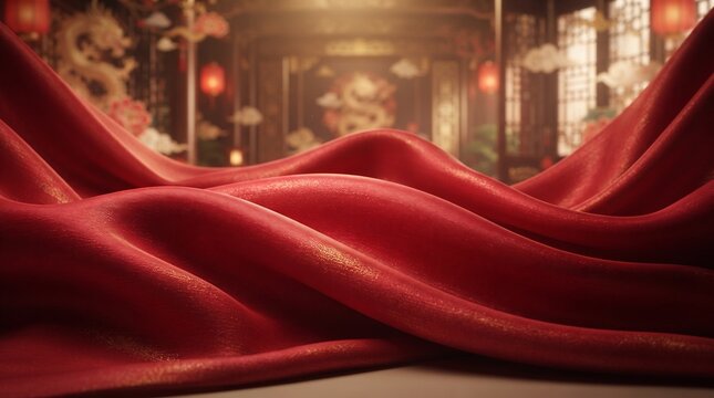A close-up of flowing red silk fabric with a blurred background of an ornate room, featuring lanterns and dragon imagery.