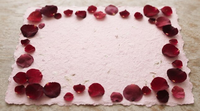 A delicate rectangular frame made of pink handmade paper, adorned with a border of rich red rose petals