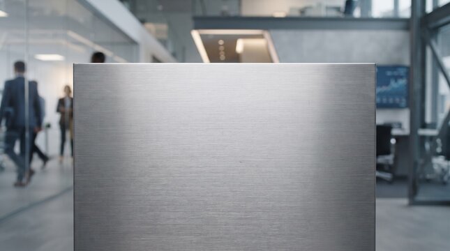 A brushed metal panel stands in the foreground of a modern office space with blurred figures of people walking in the background. The industrial aesthetic suggests a sleek, contemporary environment.