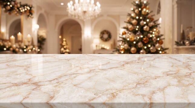 A luxurious marble countertop in the foreground with a beautifully decorated Christmas tree and festive holiday decorations in the blurred background.