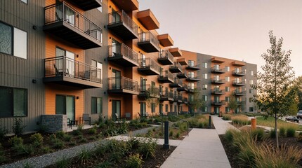 Fototapeta premium Modern apartment complex with staggered balconies, stylish wood siding. Contemporary residential building features large windows, outdoor terrace spaces. Urban condo exterior with landscaped garden,