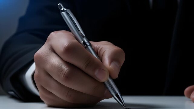 Professional man in a dark suit sitting at a table carefully signing a legal document with a silver pen held firmly in his right hand