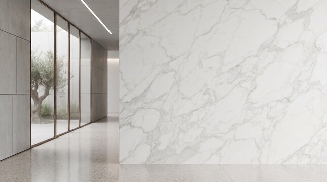 Modern interior hallway with a marble wall and large windows overlooking an outdoor courtyard with olive trees. The space has clean lines and a contemporary feel