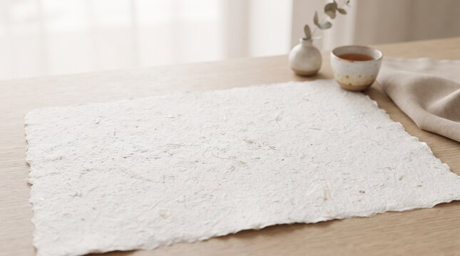 A textured white placemat on a wooden table, next to a delicate teacup and a small vase with a single sprig