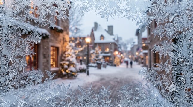 A charming European-style street covered in snow during winter, with warm lights from the buildings creating a cozy atmosphere. Frost patterns decorate the foreground, adding a touch of magic