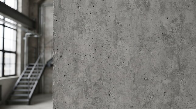 Rough concrete wall in an industrial loft with a metal staircase and large windows in the background. The textured surface of the concrete is in the foreground.