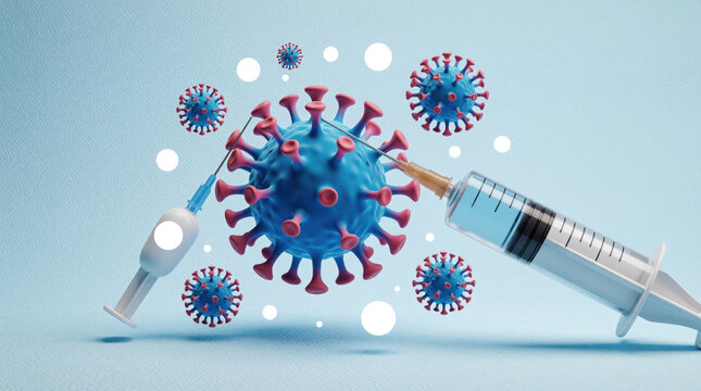 Medical syringes inject blue coronavirus particles to fight infection. Vaccine needles attack virus cells on light blue background. Healthcare professionals use immunization to stop global pandemic,