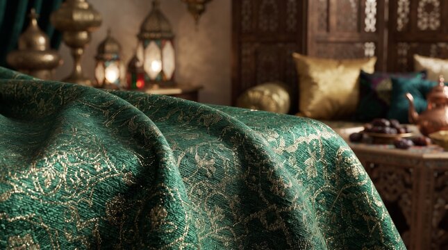 A close-up of a luxurious green fabric with intricate gold patterns, set against a backdrop of Middle Eastern-inspired decor with ornate lanterns and cushions. The lighting creates a warm.