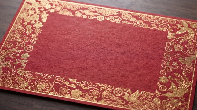 A close-up of a red paper with a golden intricate border. The border is decorated with traditional Chinese motifs like phoenixes, clouds, and floral patterns. The texture of the red paper is visible.