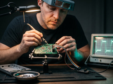 Security researcher probing a circuit board in a hardware testing lab