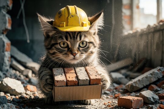 Kitten wearing a hard hat carries bricks in a construction site. This furry worker looks busy amidst debris and rubble. A construction cat is a funny concept for building and repair themes.