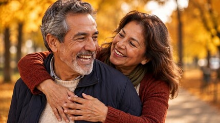 Fototapeta premium Loving mature Hispanic couple embracing in autumn park. Happy senior husband and wife hugging and smiling outdoors, celebrating long relationship and healthy retirement
