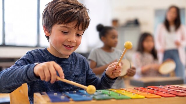 Happy elementary school boy playing a colorful xylophone during a music lesson. Smiling child learning to play a musical instrument in the classroom with classmates in the background