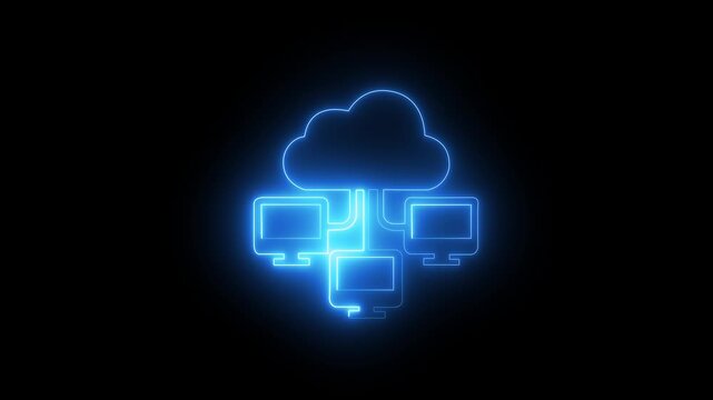 Neon glow cloud computing network animation for digital technology and data connectivity concepts with black background.
