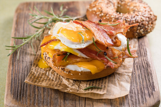 Hearty Breakfast Sandwich on a Bagel with Egg Bacon and Cheese