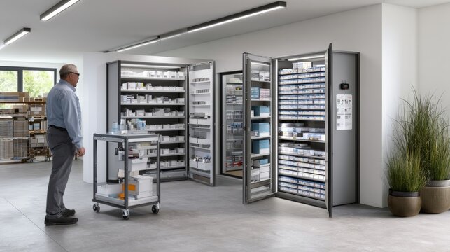 Man Standing in Wide Modern Back-Office Supply Room with Open Cabinets and Rolling Cart
