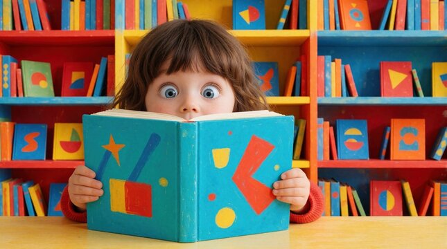 Wide eyed kid reads book with colorful geometric cover. Child sits among vibrant shelves filled with books in library. Youngster shows surprise curiosity at story pages.