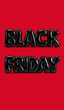 Premium Black Friday vertical banner template with glossy black 3D balloon text over a vibrant red background, perfect for creating eye-catching social media stories, and mobile retail ads