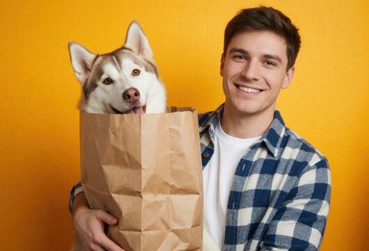 Smiling young man holds brown paper grocery bag with cute husky dog inside. Funny pet peeks out from shopping package. Happy guy shows adorable canine friend against bright yellow background.