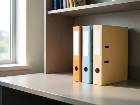 Three plain color-coded document folders without labels for back-to-school, university and hybrid-learning campaign