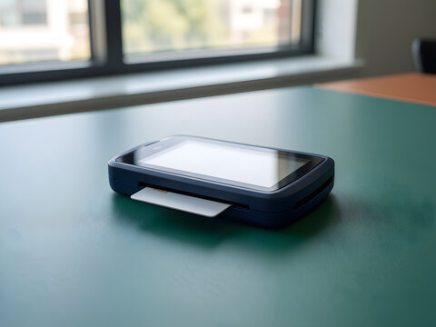 Generic compact card reader with a blank inactive screen for financial services, fintech and small-business campaign