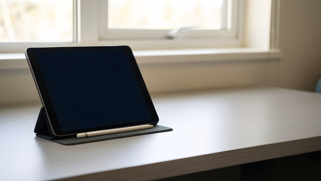 Plain tablet stand with a separate unbranded stylus and blank screen for back-to-school, university and hybrid-learning campaign