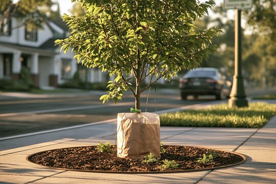 Young street tree with watering bag and mulch ring on residential sidewalk