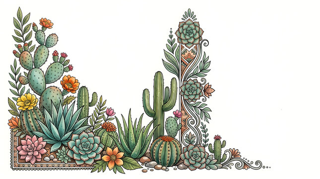 Watercolor desert cactus and succulent corner border frame isolated on white background.