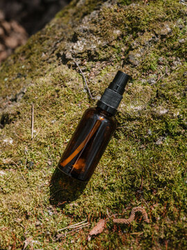 A dark and light glass serum bottle with a dropper, tree bark wood, moss. forest on a sunny day nature background. Concept of skin care, hydration, cosmetic demonstration eco-friendly product mock up