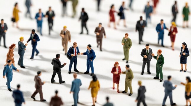 Miniature business people and interact on a white surface, symbolizing urban society and commerce. Tiny figures in suits walk and talk, creating a busy, dynamic scene.