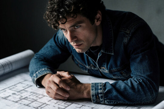 Serious young architect in denim jacket looks at technical blueprints. Pensive man studies architectural plan, construction project layout in office. Creative engineer works with detailed drawings,