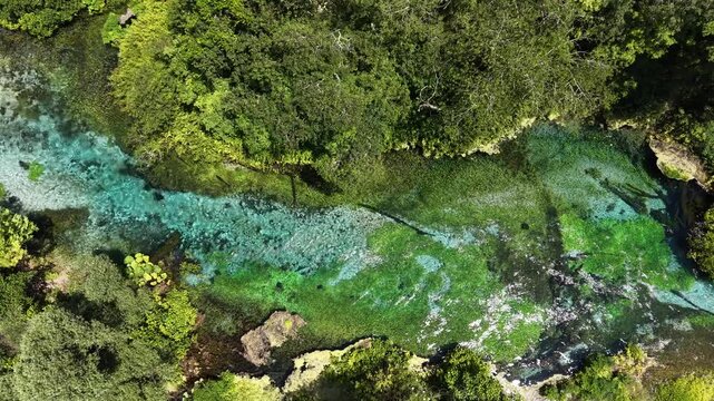 Aerial view of The Blue Eye spring with vibrant turquoise and deep blue water surrounded by lush green trees and vegetation in Saranda, Qarku i Vlores, Albania.
